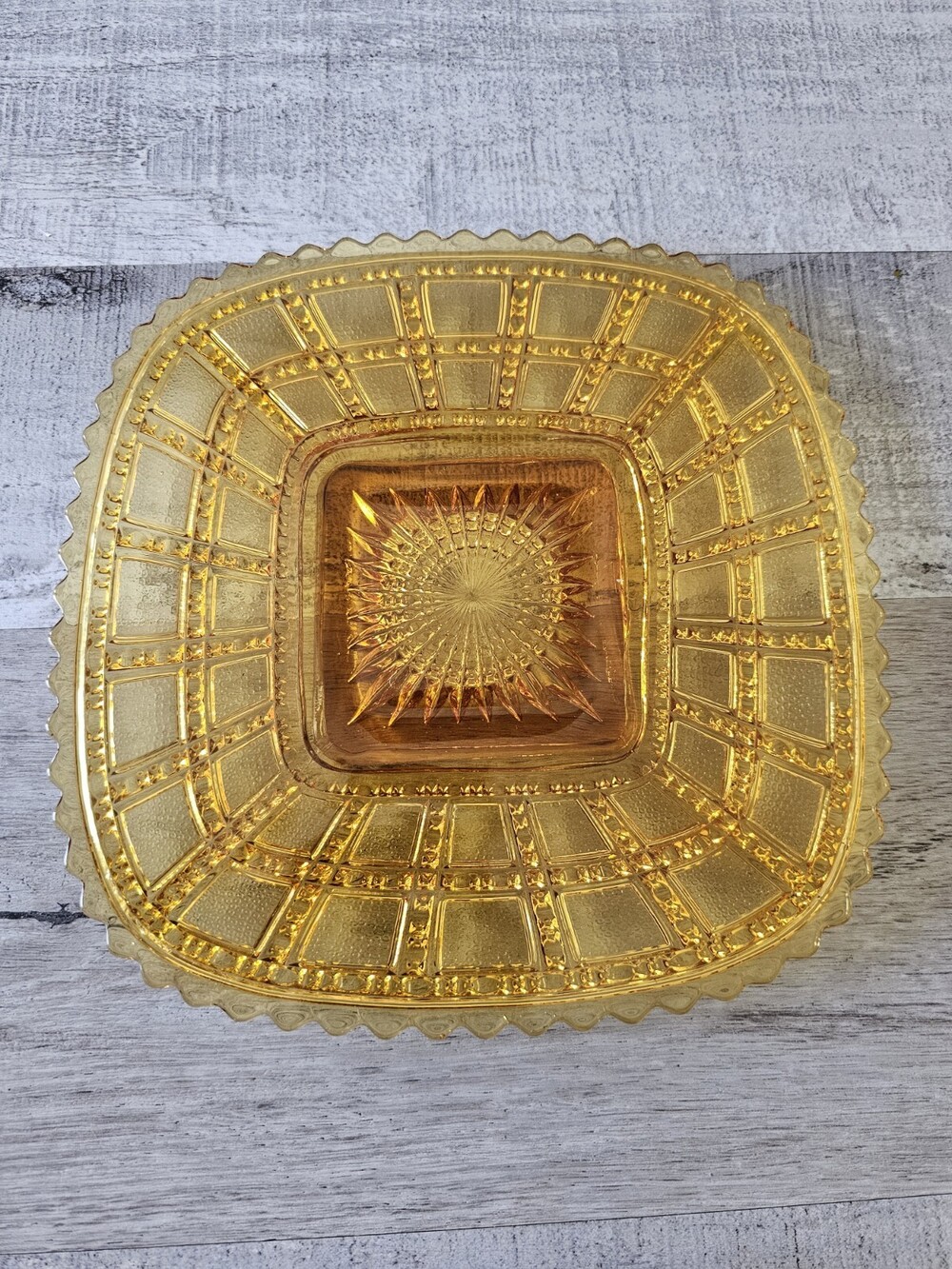 Vintage 1930s Imperial Glass Square Beaded Block Amber Plate Art Deco STARBURST
